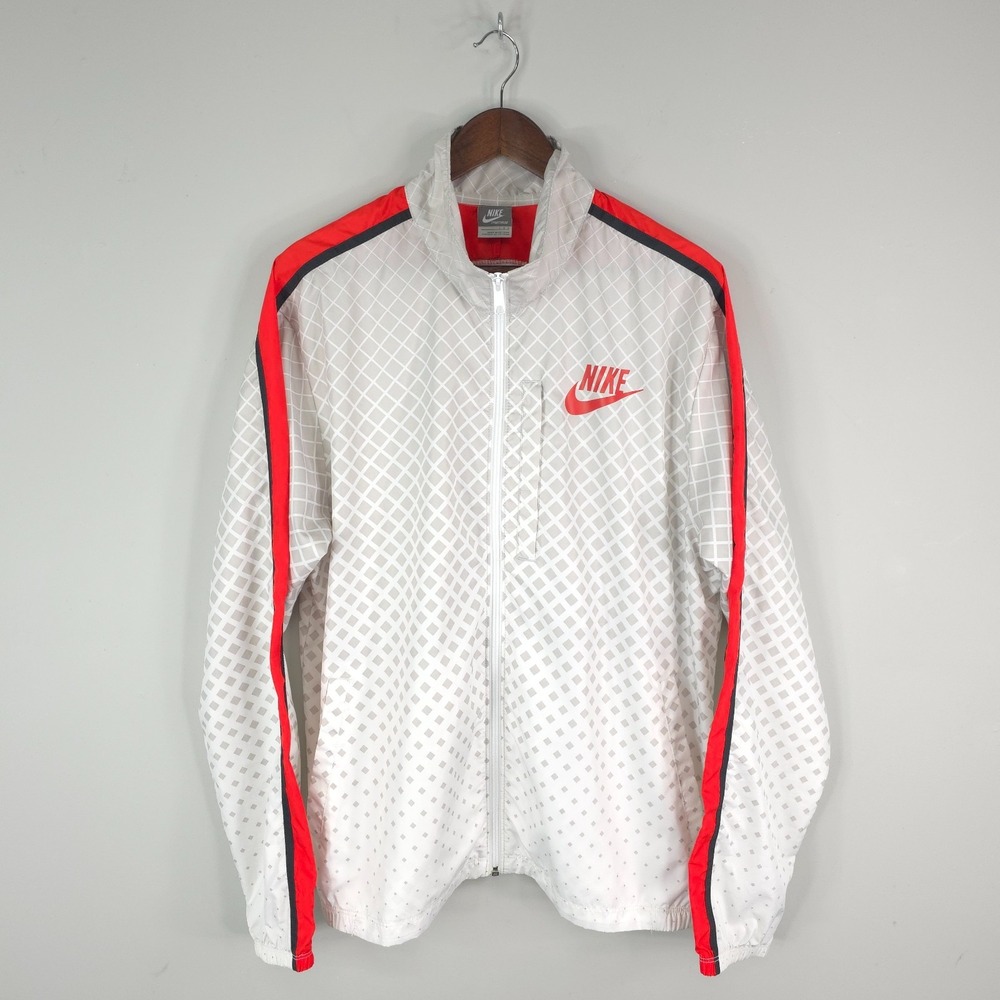 Nike‎ Jacket Mens Large White Red Grid Windbreaker Full Zip Track Sportswear Y2K